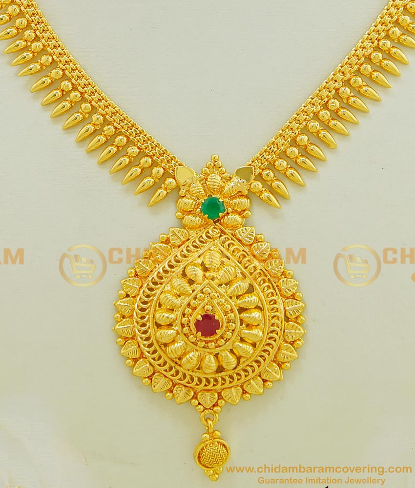NLC536 - One Gram Gold Plated Semi Precious Ruby Emerald Stone Mullapoo Necklace for Women