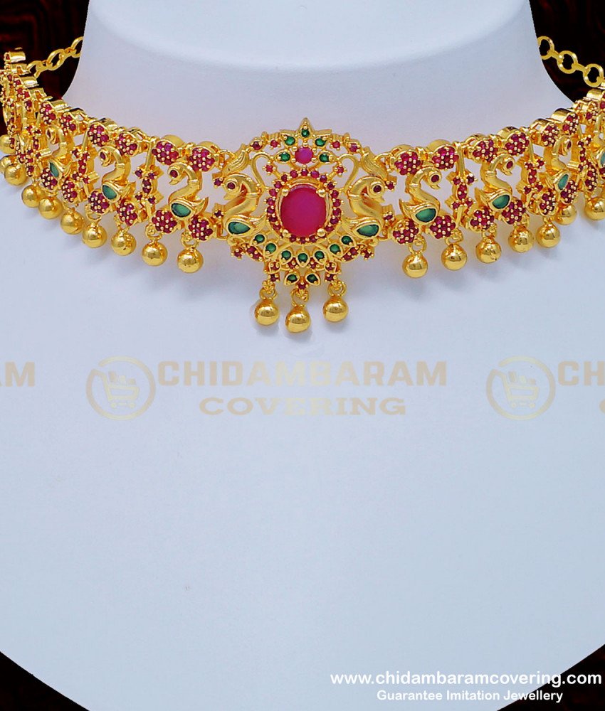 NLC542 - Latest Gold Plated Ad Stone Ruby Emerald Peacock Design Choker Necklace Set for Wedding Reception  