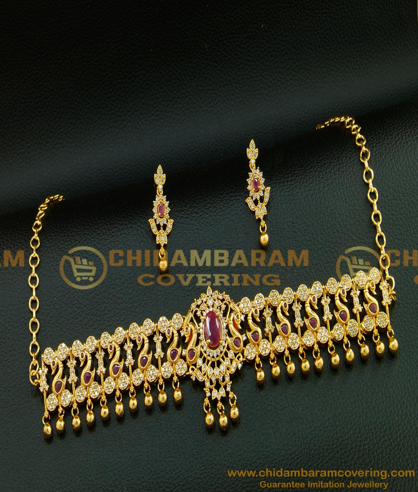 NLC543 - Party Wear Sparkling White and Ruby Stone Peacock Design Modern Choker Necklace Set for Lehenga 