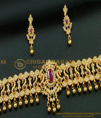 NLC543 - Party Wear Sparkling White and Ruby Stone Peacock Design Modern Choker Necklace Set for Lehenga 