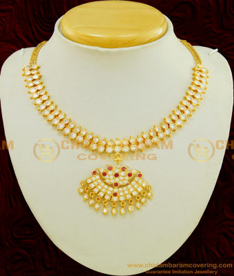 NLC549 - New Arrival Wedding Collection Impon Lotus Design Dollar with Double Line Full Stone Attigai Necklace for Bride  