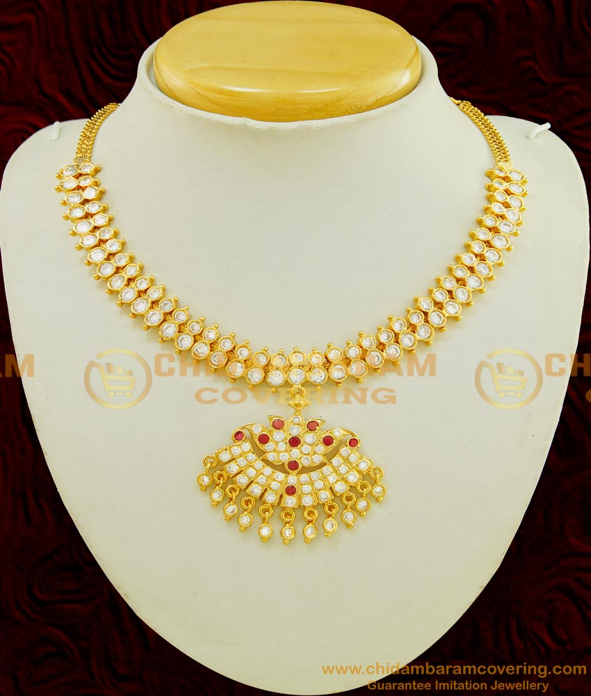 NLC549 - New Arrival Wedding Collection Impon Lotus Design Dollar with Double Line Full Stone Attigai Necklace for Bride  