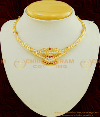 NLC550 - Latest Design Impon Attigai Necklace White And Ruby Stone Gold Design Necklace Thick Metal Jewellery 