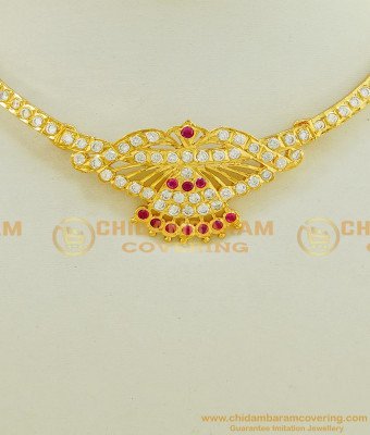NLC550 - Latest Design Impon Attigai Necklace White And Ruby Stone Gold Design Necklace Thick Metal Jewellery 
