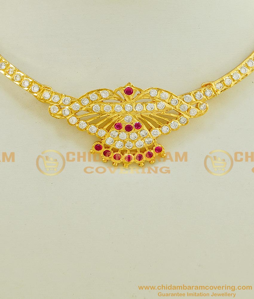 NLC550 - Latest Design Impon Attigai Necklace White And Ruby Stone Gold Design Necklace Thick Metal Jewellery 