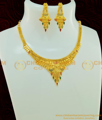 NLC554 - One Gram Gold Gold Forming Light Weight Gold Design Short Necklace Set Online