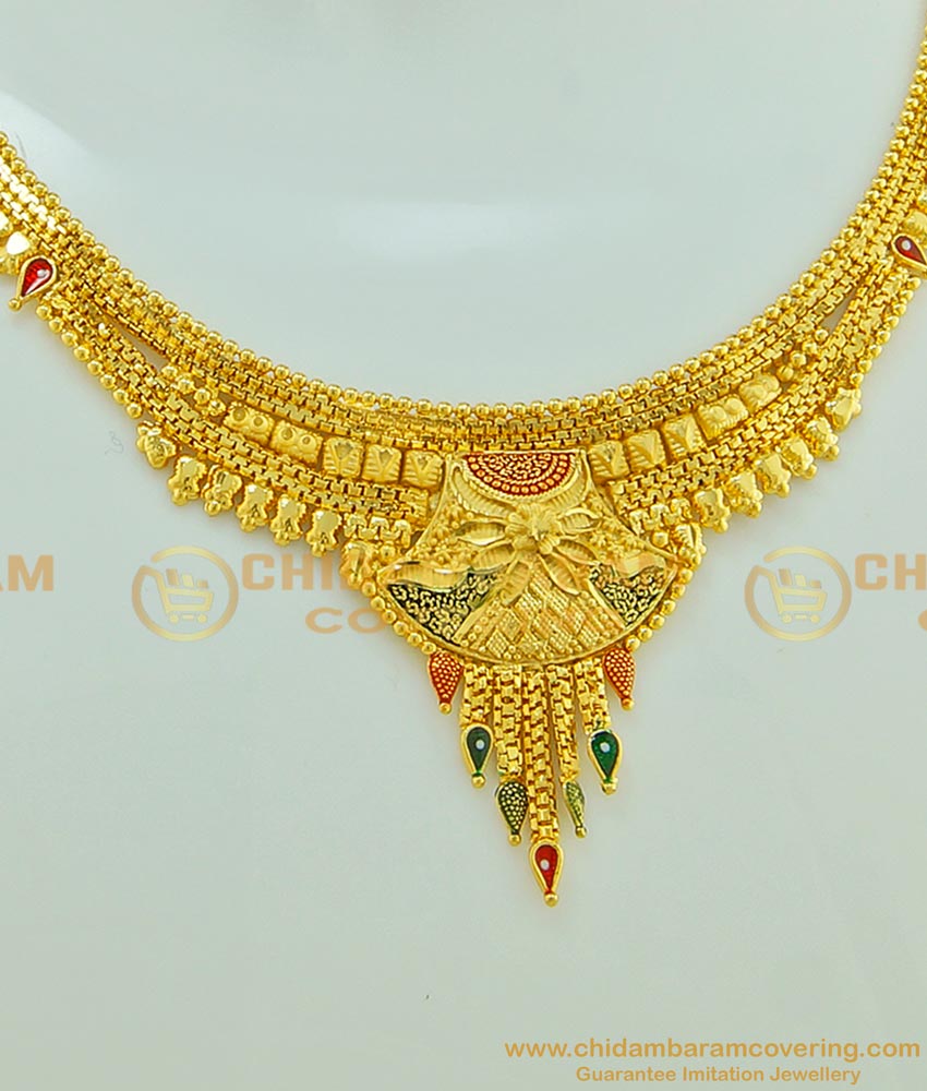 NLC554 - One Gram Gold Gold Forming Light Weight Gold Design Short Necklace Set Online