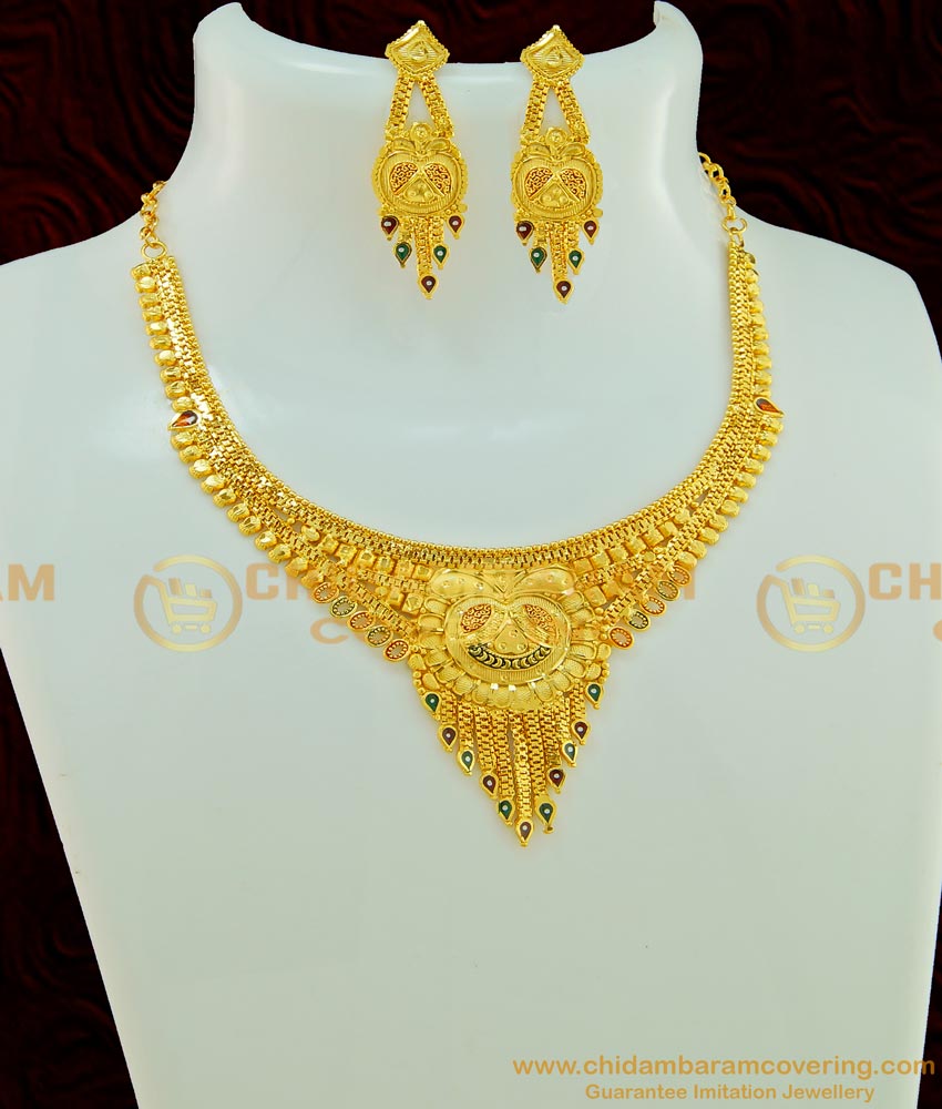 NLC555 - Buy Bridal Wear Jewellery Enamel Forming Gold Necklace Design with Earring for Female