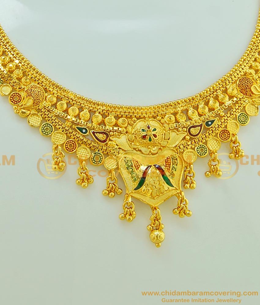 NLC559 - Bridal Wear Enamel Gold Necklace Design and Earring Combo Set 1 Gram Gold Forming Jewellery 