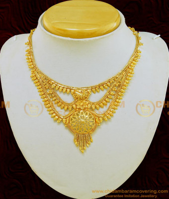 NLC567 - Grand Gold Look Bridal Wear Three Layer Flower Design Necklace Best Price