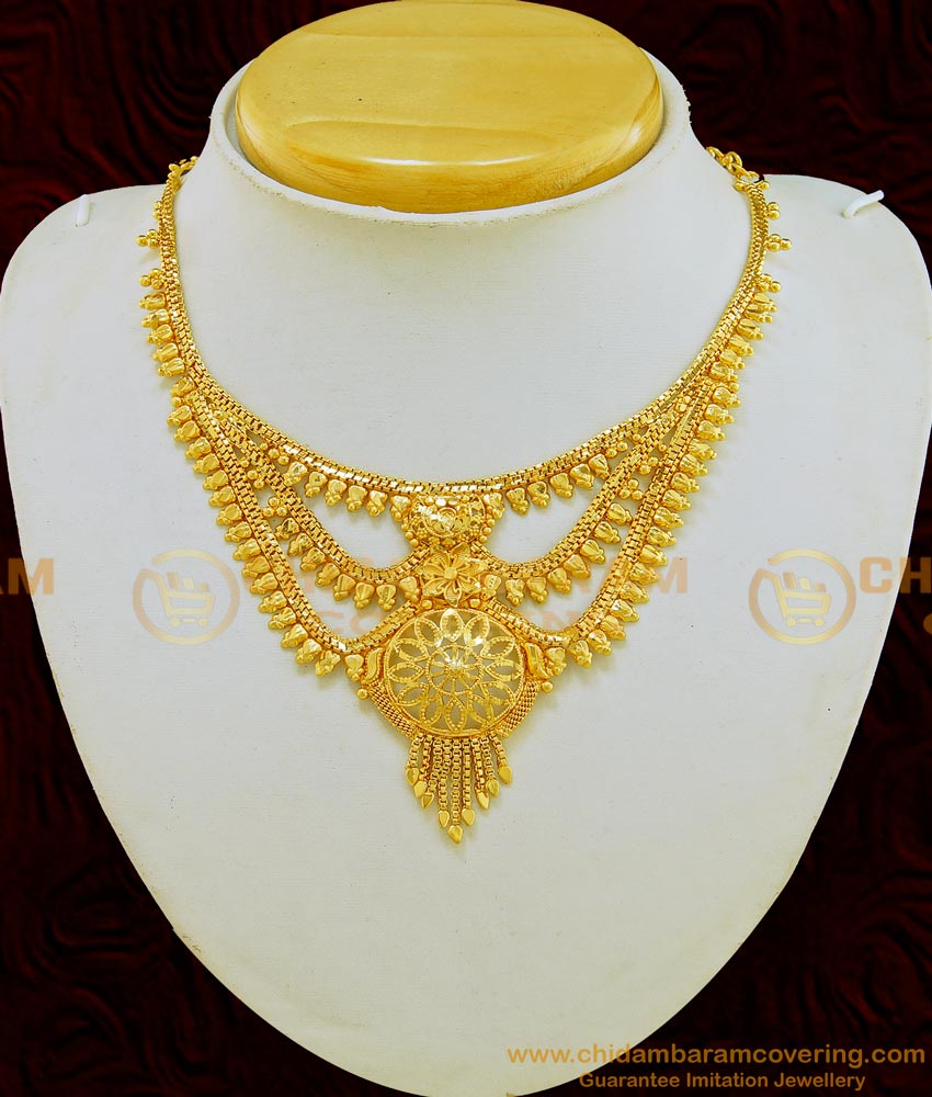 NLC567 - Grand Gold Look Bridal Wear Three Layer Flower Design Necklace Best Price