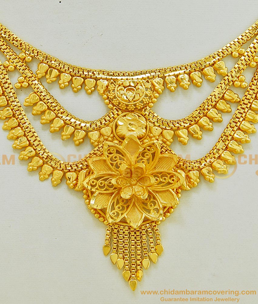 NLC568 - Latest Gold Inspired Chidambaram Covering 3 Line Necklace Bridal Wear Jewellery Online
