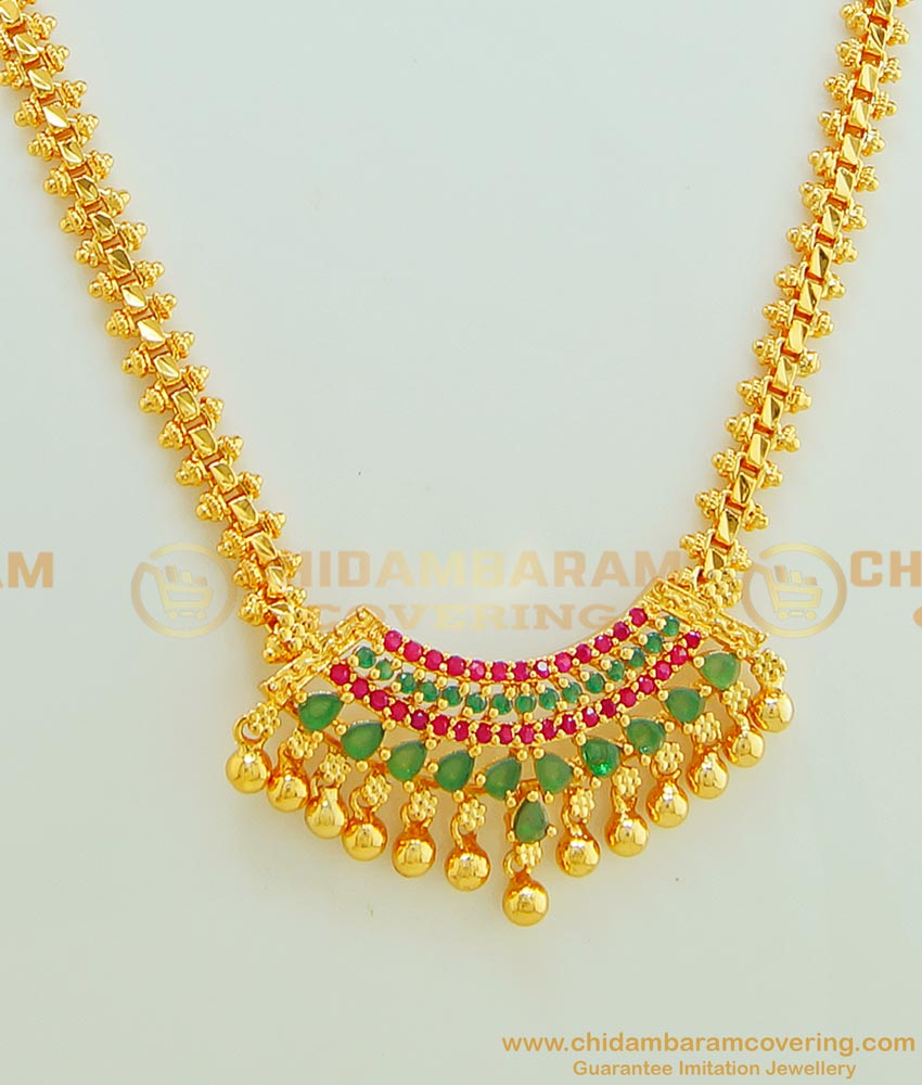 NLC570 - Simple Ruby Emerald Stone Party Wear Necklace Gold Plated Necklace Set Online