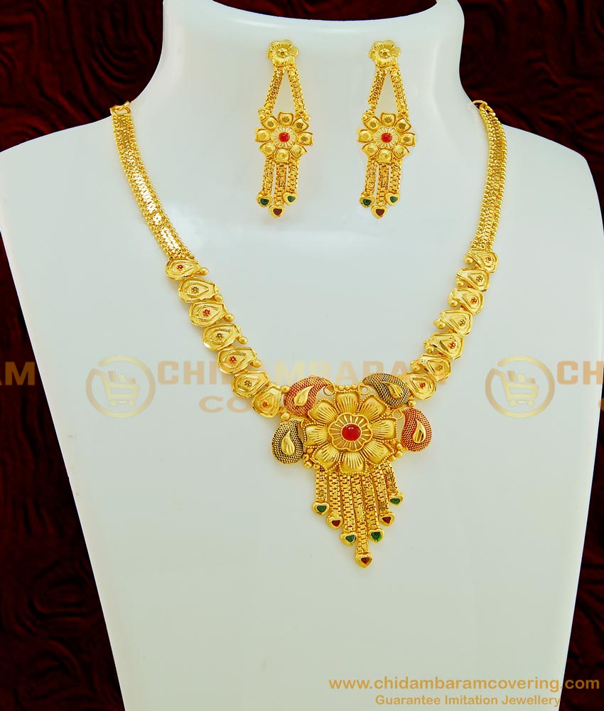 NLC571 - Latest Mango Design Party Wear Gold Forming Necklace Set Imitation Jewellery Online