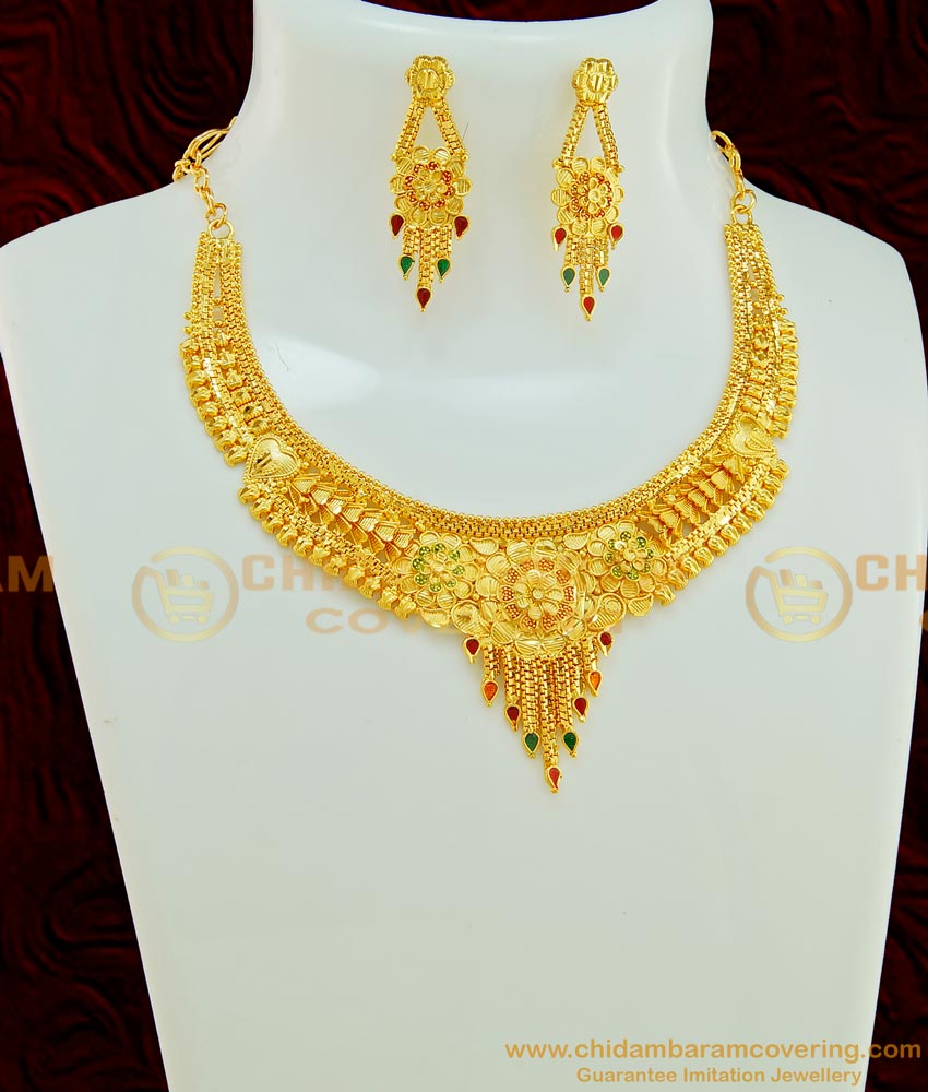 NLC574 - Enamel Gold Necklace Design and Earring Combo Set 1 Gram Gold Forming Jewellery