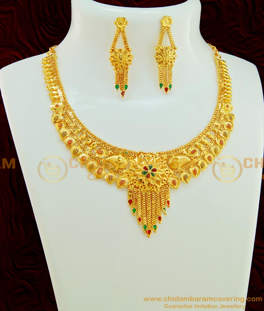 NLC575 - First Quality Enamel Forming Gold Necklace with Earring Combo Set for Wedding