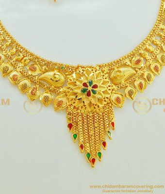 NLC575 - First Quality Enamel Forming Gold Necklace with Earring Combo Set for Wedding