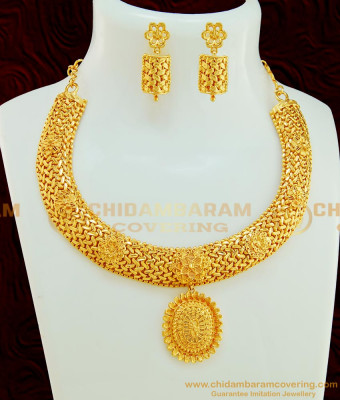 NLC576 - Elegant Pure Gold Plated Gold Design Heavy Party Wear Unique Necklace Set Design Online