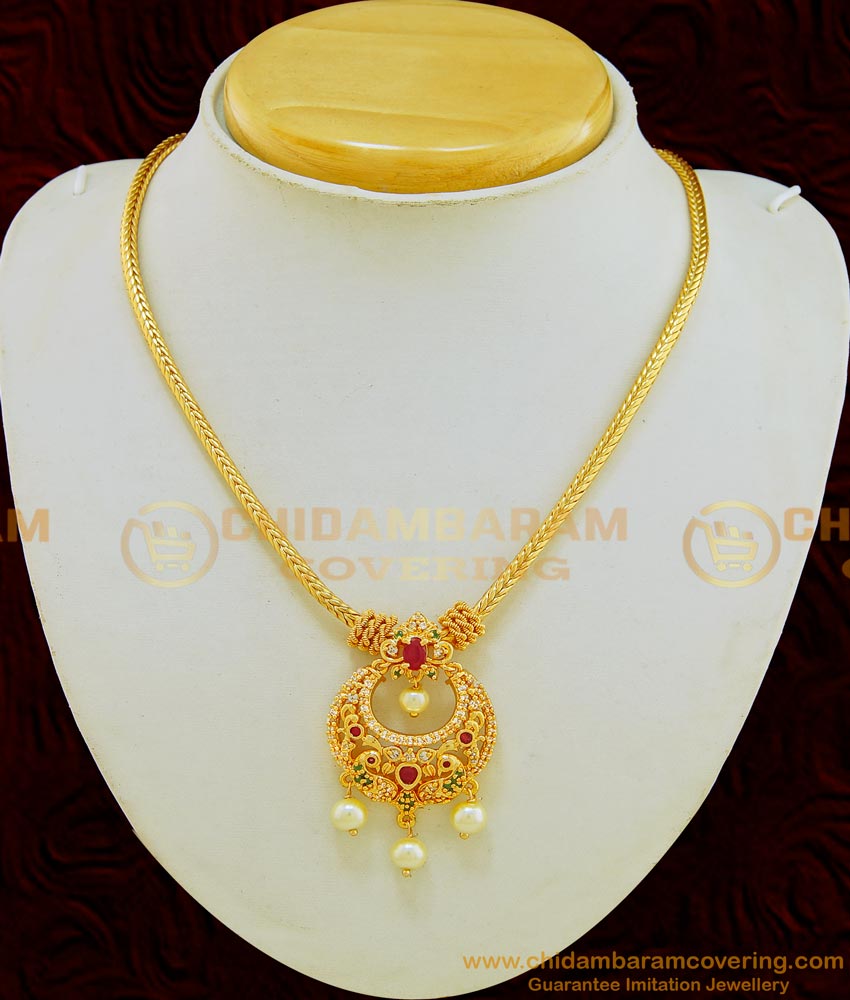 NLC578 - Beautiful One Gram Gold Pearl Beading Multi Color Stone Peacock Pendant Chain Necklace 
