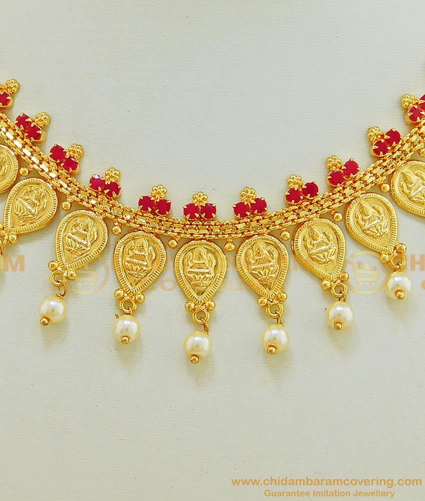 NLC582 - Semi Precious Gold Plated Light Weight Ruby Stone With Pearl Beading Lakshmi Necklace Online
