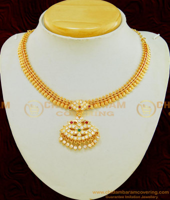 NLC583 - Traditional Gold Plated Impon Peacock Pendant with Mango Design Chain Attigai Necklace Online