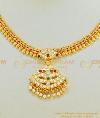 NLC583 - Traditional Gold Plated Impon Peacock Pendant with Mango Design Chain Attigai Necklace Online