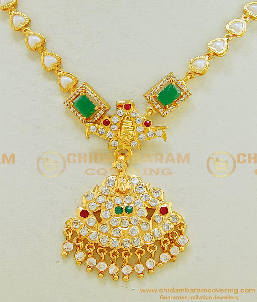 NLC584 - New Collection Impon Multi Stone Lakshmi Pendant with Pearl Chain Attigai Necklace for Women 