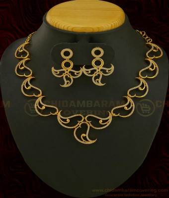 NLC587 - Elegant Leaf Design White Stone Never Fade Party Wear Necklace with Earring Online