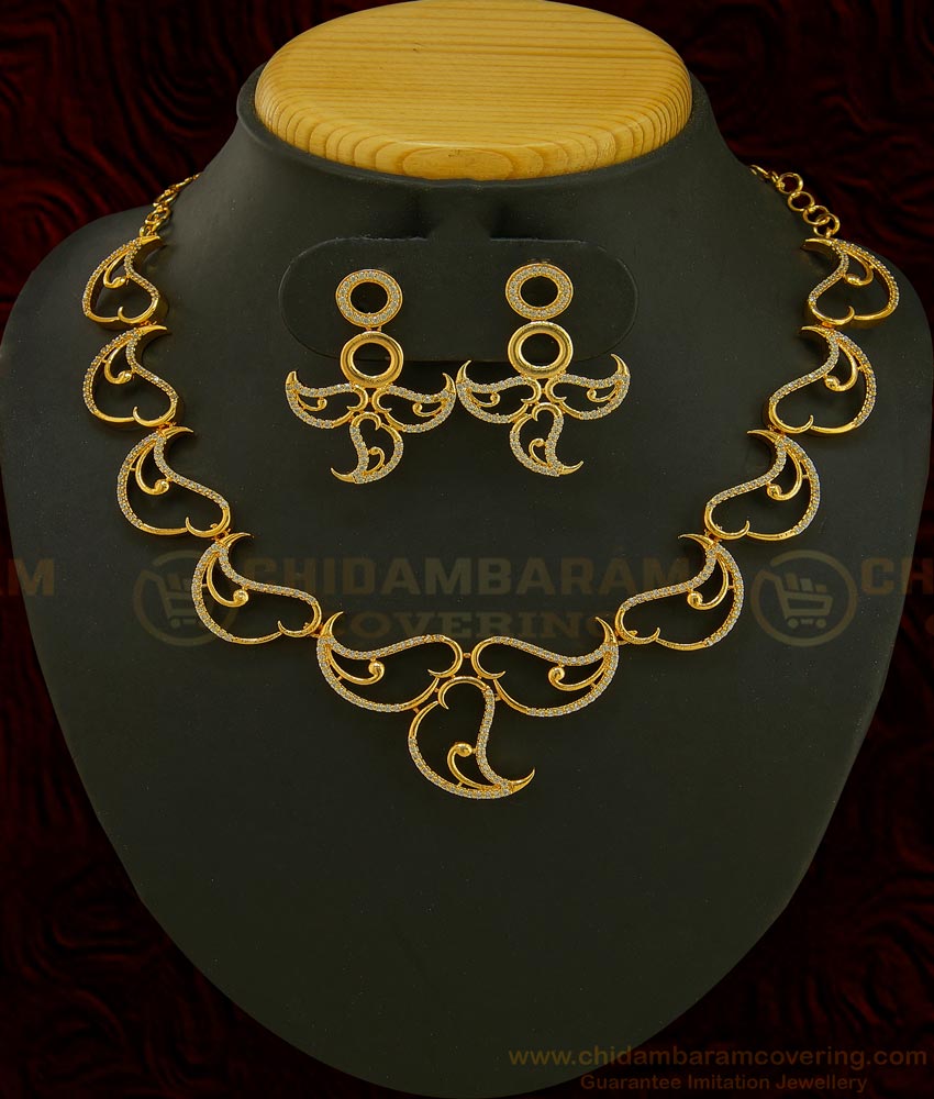 NLC587 - Elegant Leaf Design White Stone Never Fade Party Wear Necklace with Earring Online