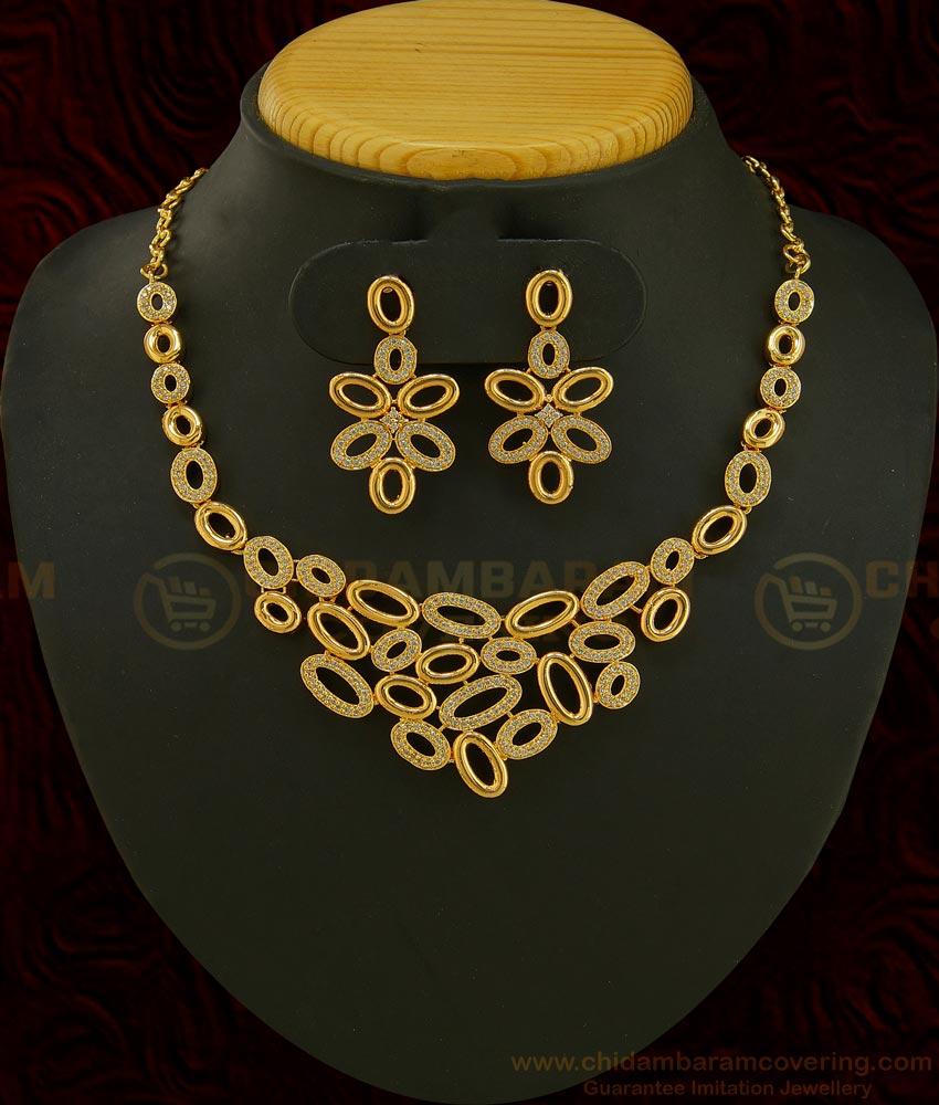 NLC590 - Grand Look Never Fade Yellow Gold Tone Party Wear Necklace Set Fashion Jewellery Online