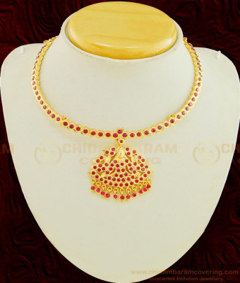 NLC606 - Beautiful Look Gold Design Full Ruby Stone Lakshmi Dollar Single Line Attigai Necklace 