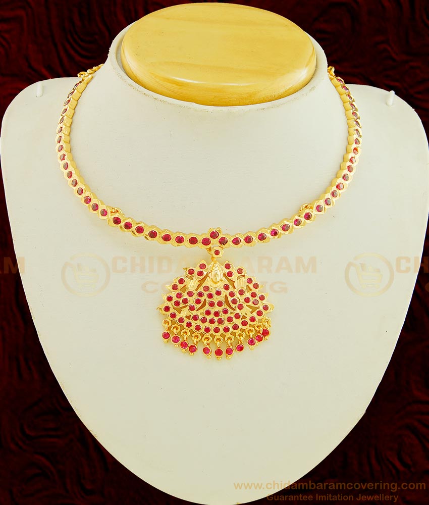 NLC606 - Beautiful Look Gold Design Full Ruby Stone Lakshmi Dollar Single Line Attigai Necklace 