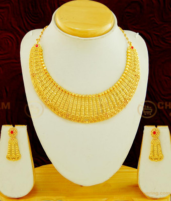 NLC609 - Latest Real Gold Choker Design Gold Forming Mini Choker Necklace with Earring for Wedding