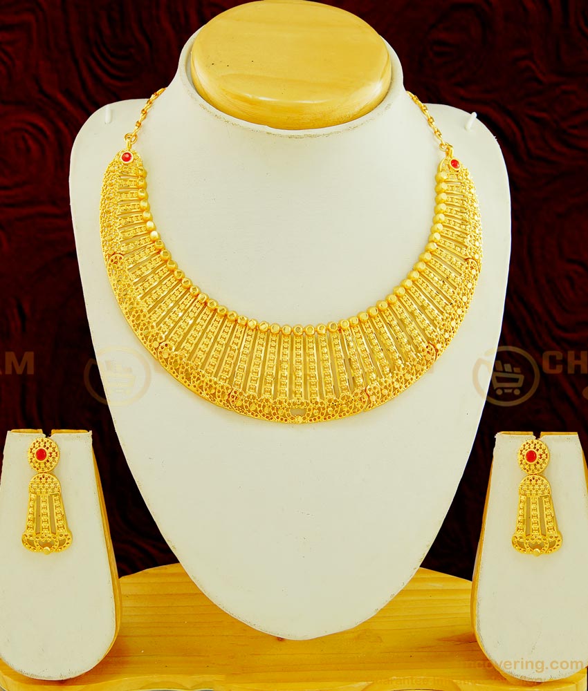 NLC609 - Latest Real Gold Choker Design Gold Forming Mini Choker Necklace with Earring for Wedding