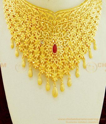 NLC611 - Real Gold Color High Quality Flower Design Gold Forming Choker Necklace with Earring Bridal Jewellery 