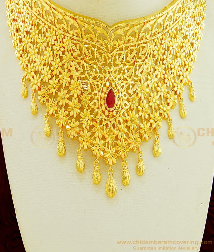 NLC611 - Real Gold Color High Quality Flower Design Gold Forming Choker Necklace with Earring Bridal Jewellery 