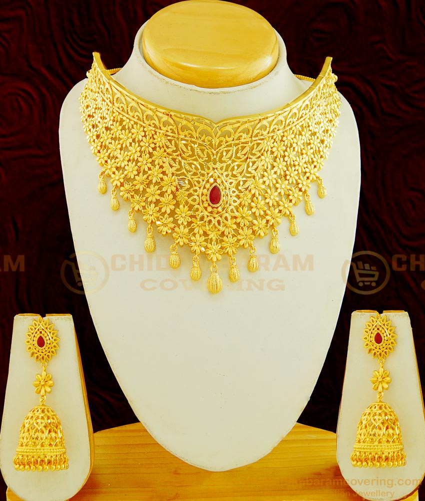 NLC611 - Real Gold Color High Quality Flower Design Gold Forming Choker Necklace with Earring Bridal Jewellery 