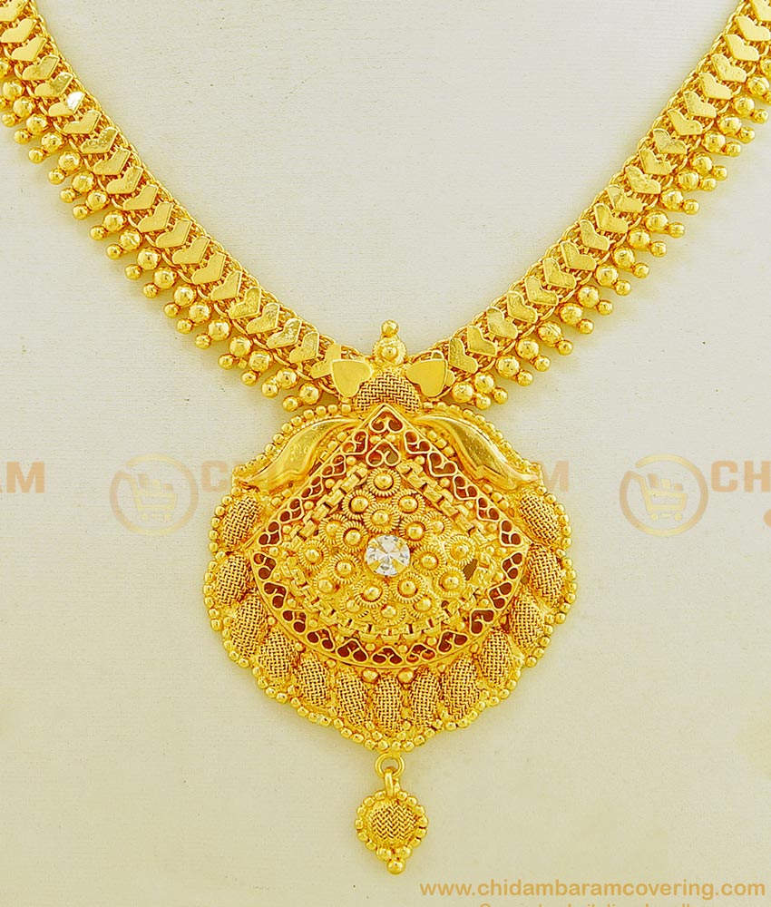 NLC613 - One Gram Gold Plated First Quality Heart Design Chain with White Stone Pendant Necklace 