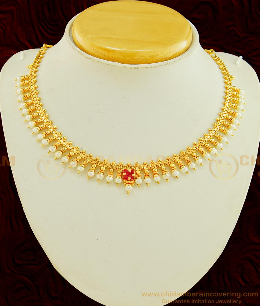NLC620 - Beautiful One Gram Gold Pearl Necklace Gold Design Party Wear Necklace Online