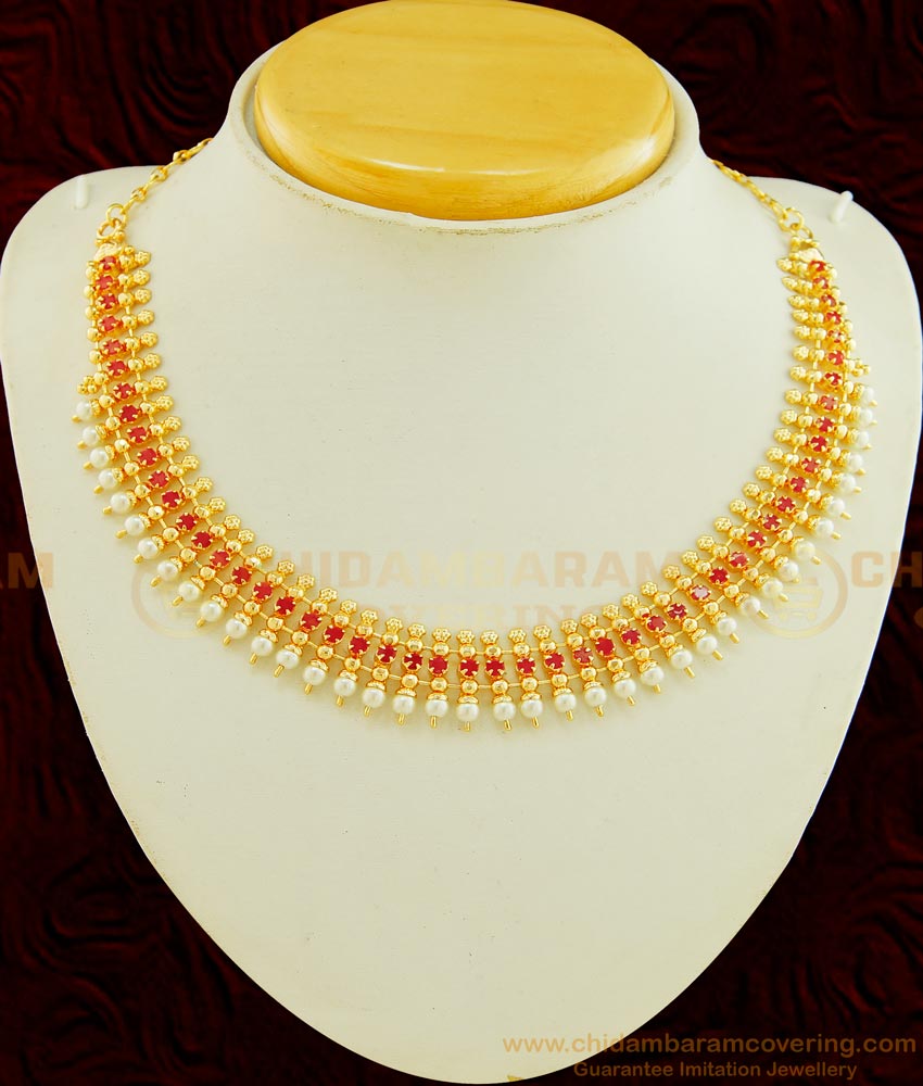 NLC621 - Latest Collection 1 Gram Gold Ruby Stone Original Pearl Necklace for Lehenga 