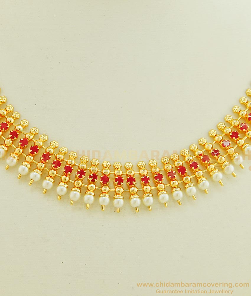 NLC621 - Latest Collection 1 Gram Gold Ruby Stone Original Pearl Necklace for Lehenga 