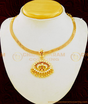 NLC622 - Five Metal Panchaloham White and Ruby Stone Attigai Necklace One Gram Gold Impon Attigai 