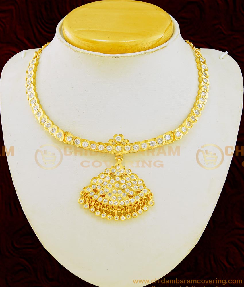 NLC626 - Traditional gold Design First Quality Full White Stone Five Metal Impon Attigai Necklace for Wedding