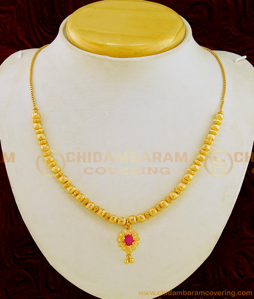 NLC629 - 1 Gram Gold Simple Full Golden Beads with Stone Pendant Short Necklace Buy Online