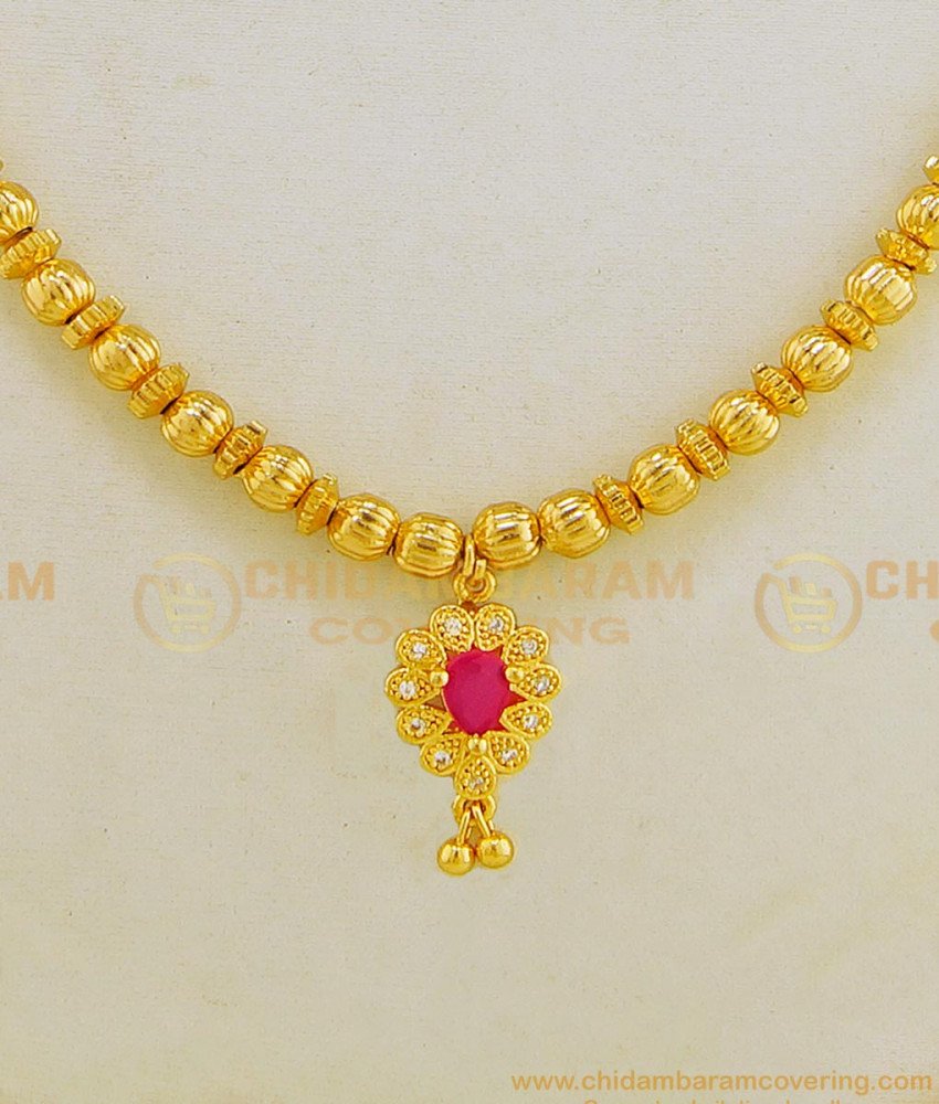 NLC629 - 1 Gram Gold Simple Full Golden Beads with Stone Pendant Short Necklace Buy Online