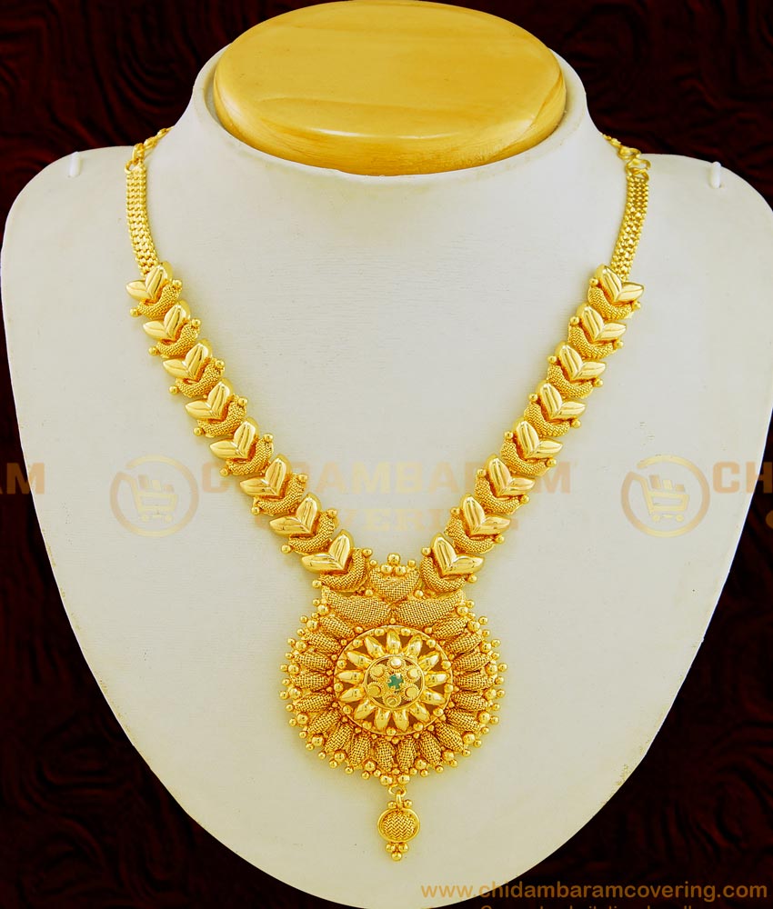 NLC640 - New Collection Net Pattern Leaf Design Emerald Stone Necklace for Wedding