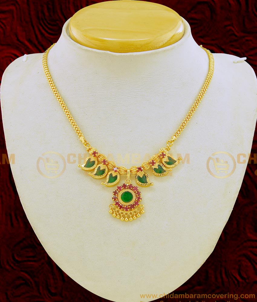NLC645 - Kerala Traditional Jewellery Stunning Gold Light Weight green Palakka Necklace Online