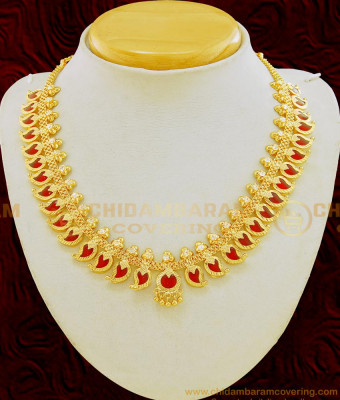NLC647 - Traditional White Stone Red Mango Palakka Necklace Design Kerala Palakka Mala Buy Online