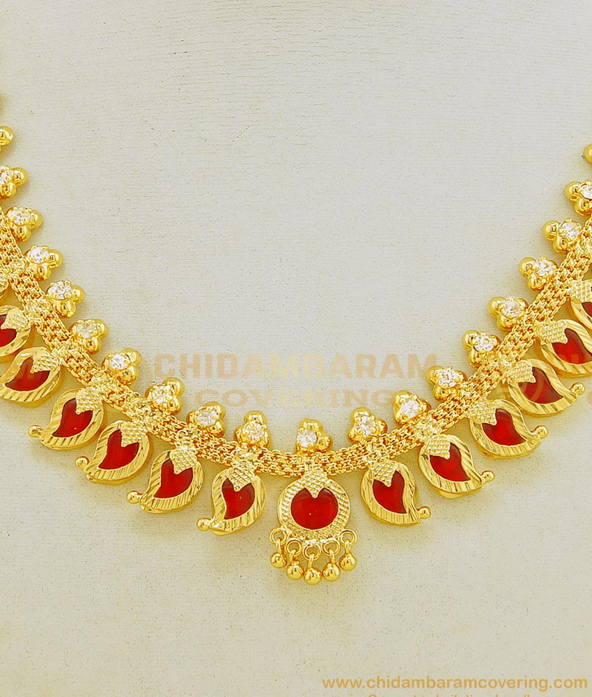 NLC647 - Traditional White Stone Red Mango Palakka Necklace Design Kerala Palakka Mala Buy Online