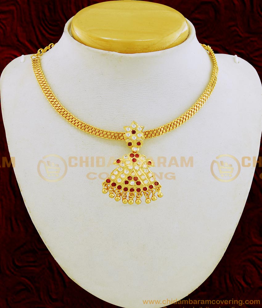 NLC653 - Impon Five Metal White and Ruby Stone Gold Plated Attigai Necklace for Women 